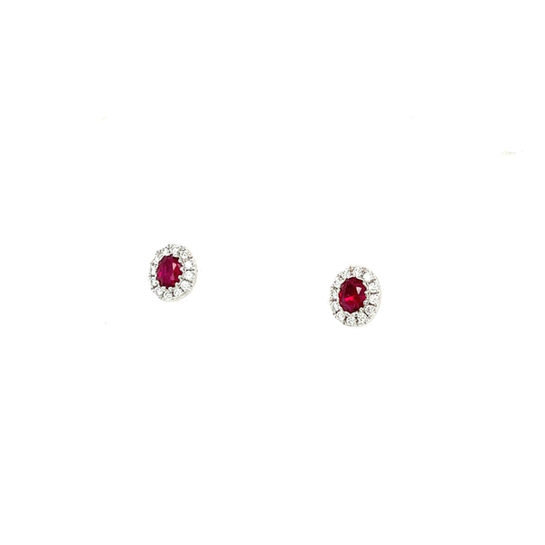 14K White Gold Oval Ruby and Diamond Halo Stud Earrings