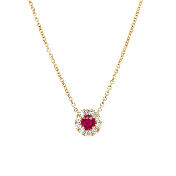 14K Yellow Gold Ruby and Diamond Halo Station Necklace