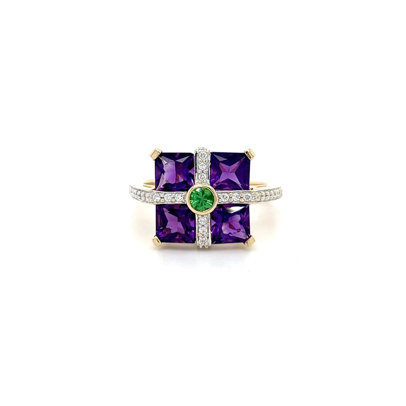 Estate 14K Yellow Gold Amethyst & Tsavorite Garnet Ring with Diamond Accents