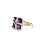 Estate 14K Yellow Gold Amethyst & Tsavorite Garnet Ring with Diamond Accents