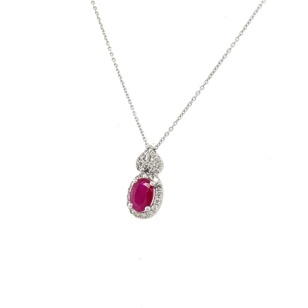 14K White Gold Ruby and Diamond Halo Necklace
