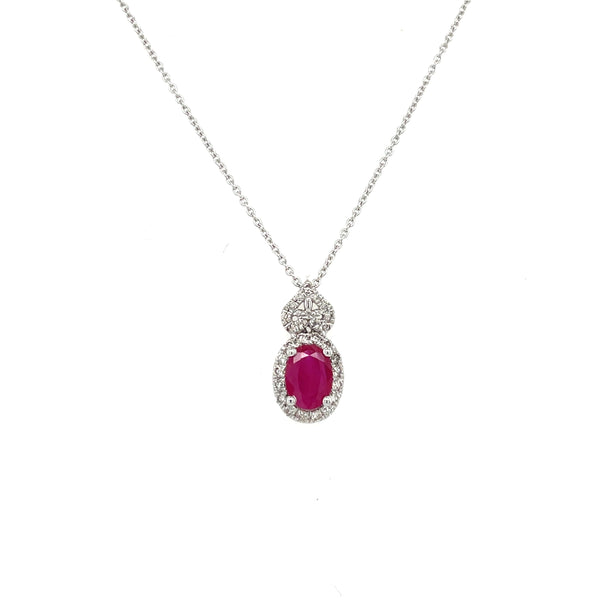 14K White Gold Ruby and Diamond Halo Necklace