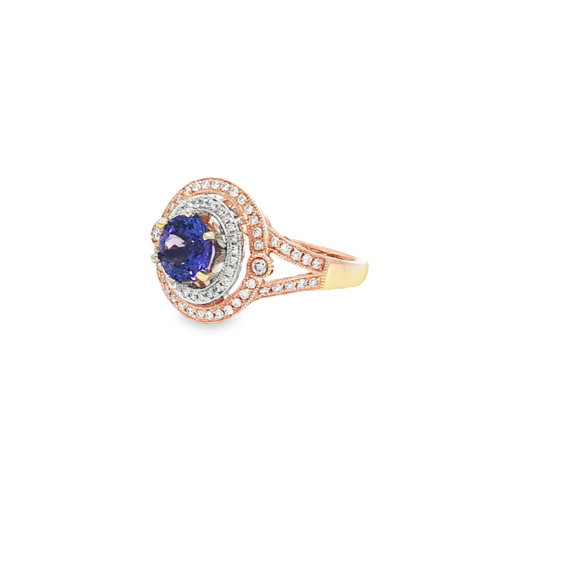 14k Rose and White Gold 1.52ct Round Tanzanite and .34ctw Diamond Double Halo Ring