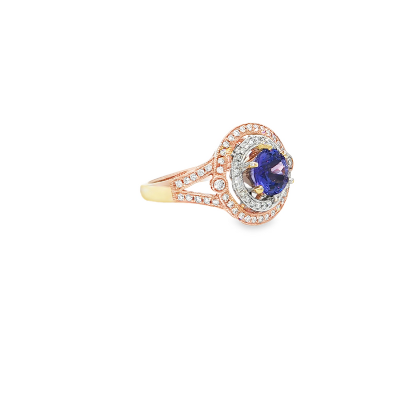 14k Rose and White Gold 1.52ct Round Tanzanite and .34ctw Diamond Double Halo Ring