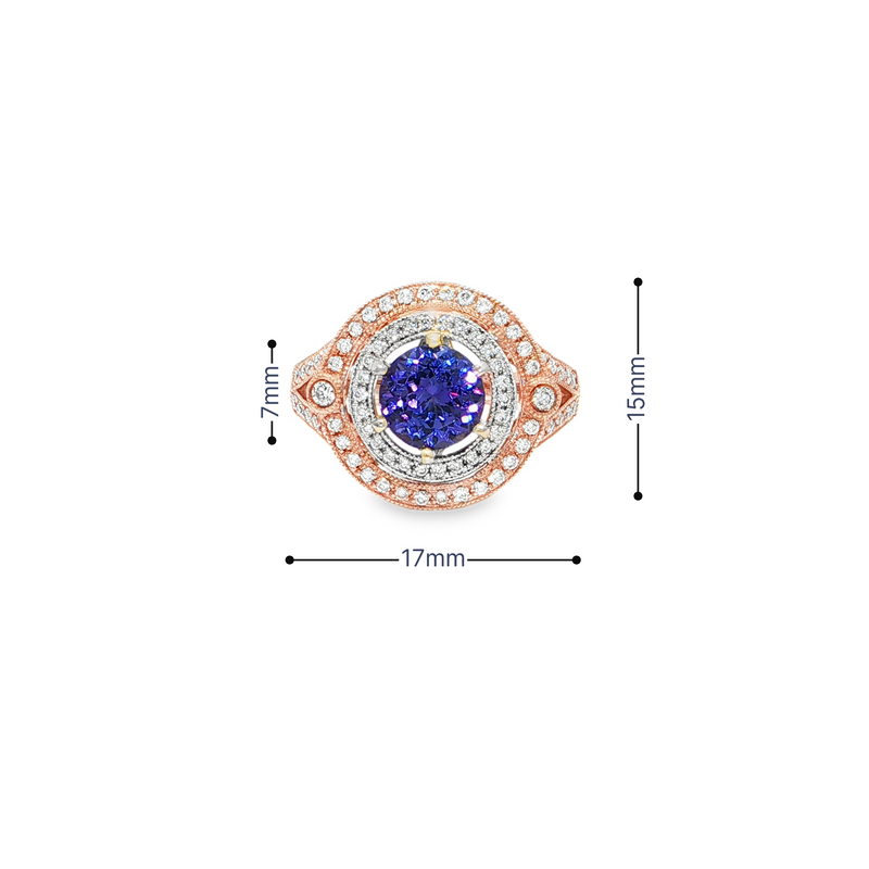 14k Rose and White Gold 1.52ct Round Tanzanite and .34ctw Diamond Double Halo Ring