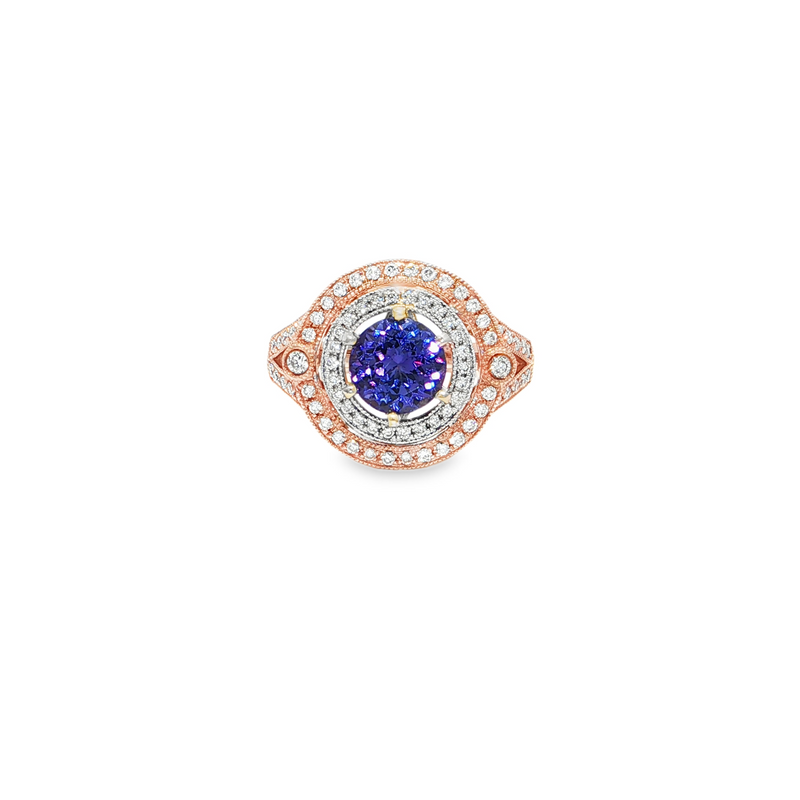 14k Rose and White Gold 1.52ct Round Tanzanite and .34ctw Diamond Double Halo Ring