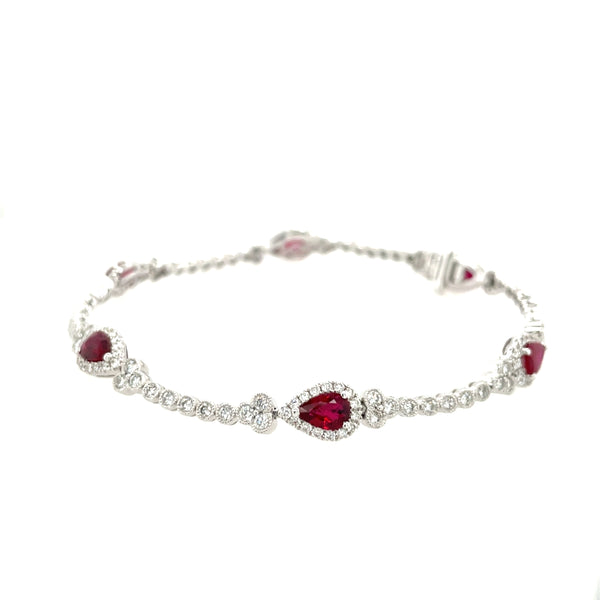 14K White Gold Pear Ruby and Diamond Vintage-Inspired Bracelet – 7 Inch