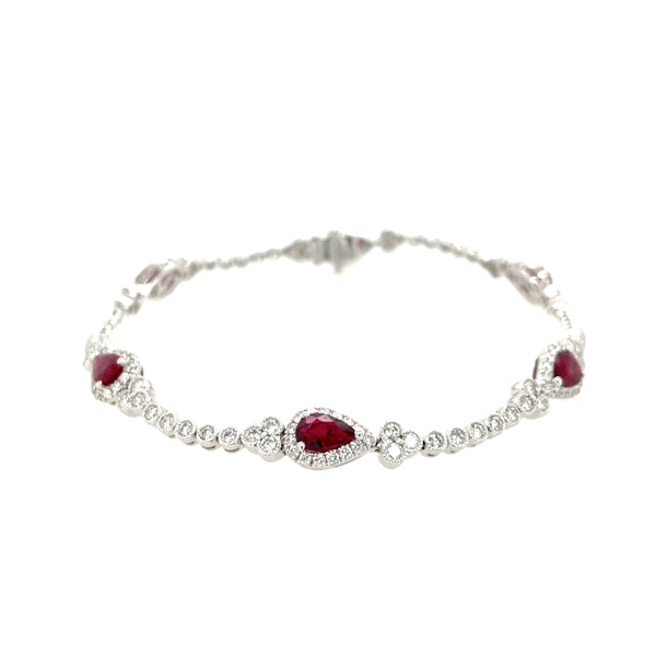 14K White Gold Pear Ruby and Diamond Vintage-Inspired Bracelet – 7 Inch