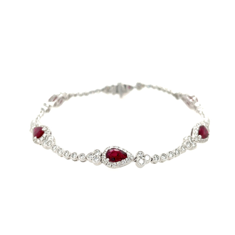 14K White Gold Pear Ruby and Diamond Vintage-Inspired Bracelet – 7 Inch