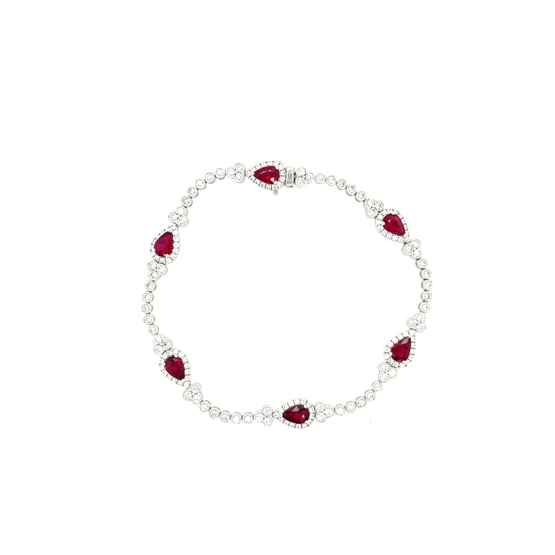 14K White Gold Pear Ruby and Diamond Vintage-Inspired Bracelet – 7 Inch