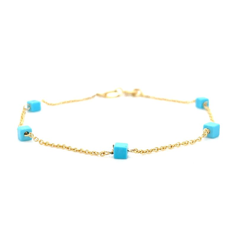 Estate 14K Yellow Gold Turquoise Cube Station Bracelet – 7”