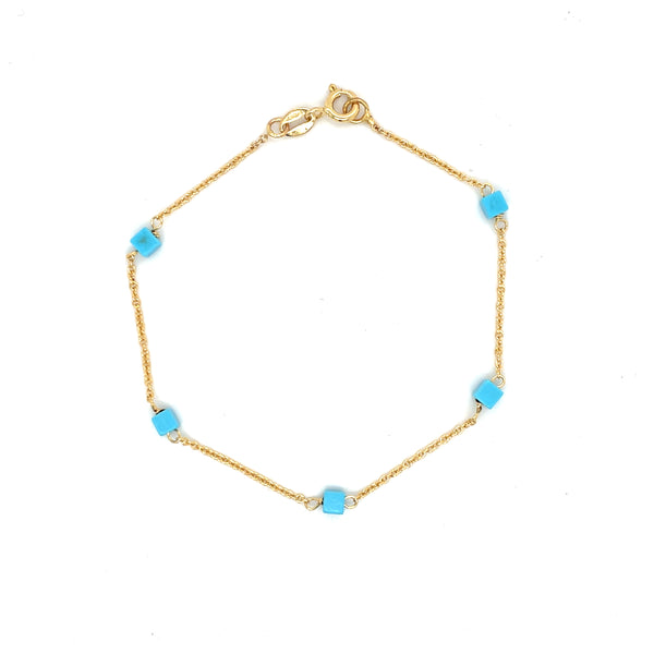 Estate 14K Yellow Gold Turquoise Cube Station Bracelet – 7”