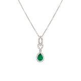 18K White Gold Pear Emerald and Diamond Halo Drop Pendant