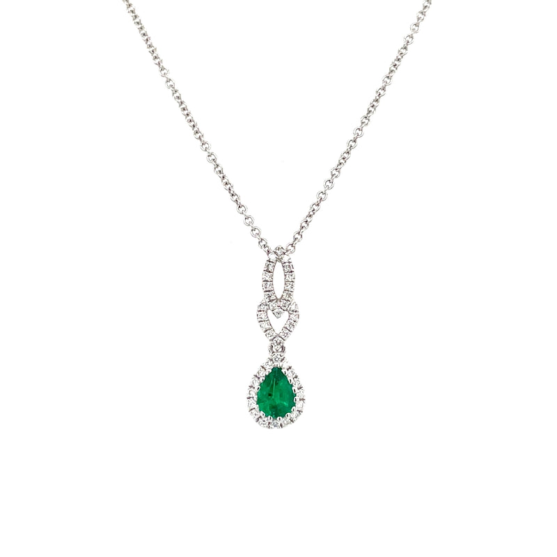18K White Gold Pear Emerald and Diamond Halo Drop Pendant