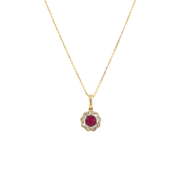 14K Yellow Gold Round Ruby and Milgrained Diamond Halo Necklace