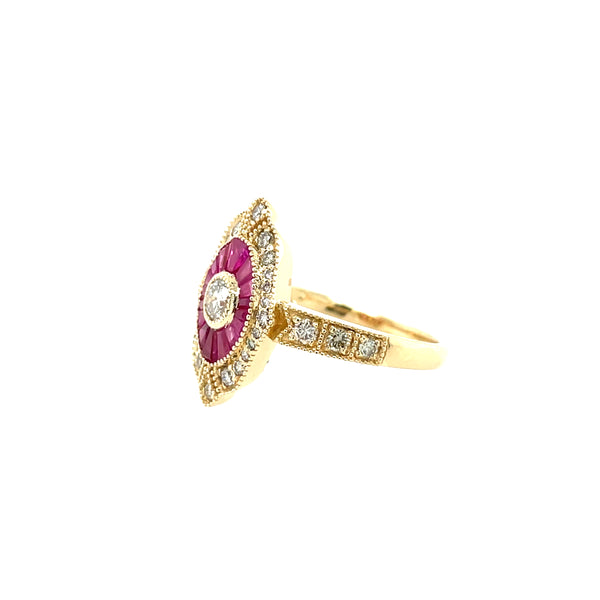 14K Yellow Gold Tapered Baguette Ruby and Diamond Vintage-Inspired Ring