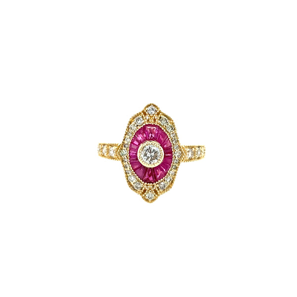 14K Yellow Gold Tapered Baguette Ruby and Diamond Vintage-Inspired Ring