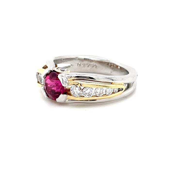 ESTATE 18K YELLOW GOLD & PLATINUM RING WITH RUBELLITE CENTER AND DIAMOND ACCENTS