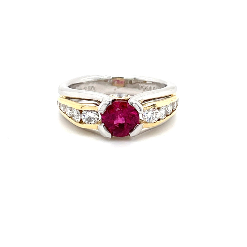 ESTATE 18K YELLOW GOLD & PLATINUM RING WITH RUBELLITE CENTER AND DIAMOND ACCENTS