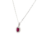 14K White Gold Oval Ruby and Diamond Halo Necklace