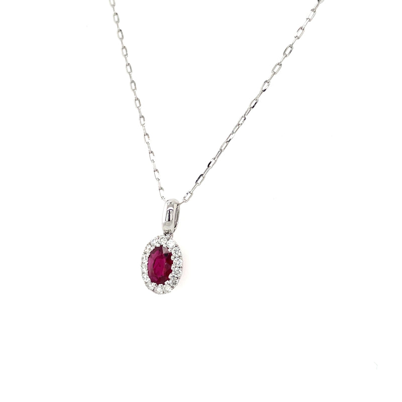 14K White Gold Oval Ruby and Diamond Halo Necklace