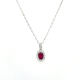 14K White Gold Oval Ruby and Diamond Halo Necklace