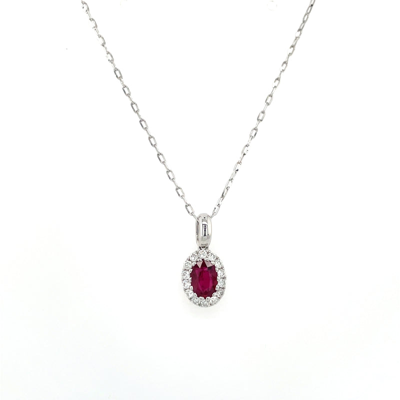 14K White Gold Oval Ruby and Diamond Halo Necklace