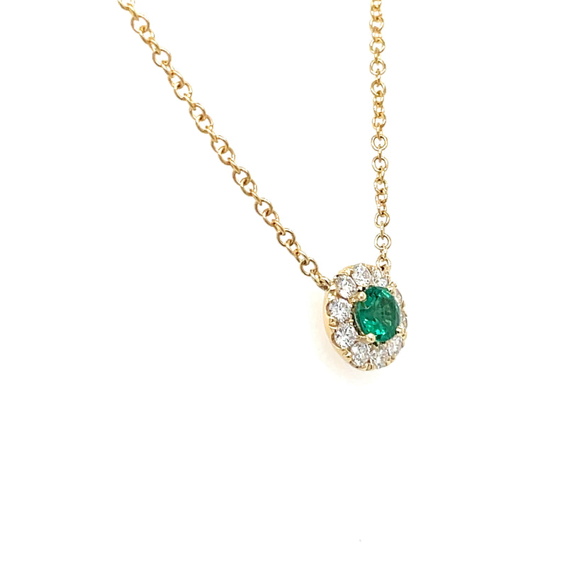 14K Yellow Gold Round Emerald and Diamond Halo Necklace
