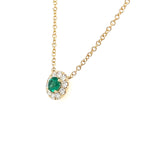 14K Yellow Gold Round Emerald and Diamond Halo Necklace