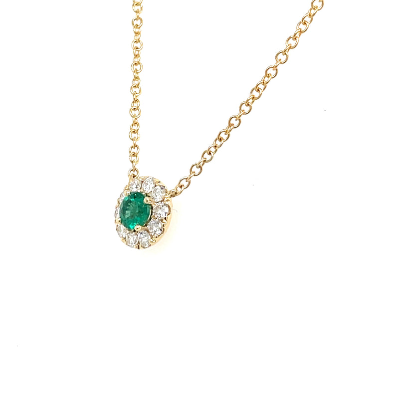14K Yellow Gold Round Emerald and Diamond Halo Necklace