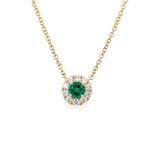 14K Yellow Gold Round Emerald and Diamond Halo Necklace