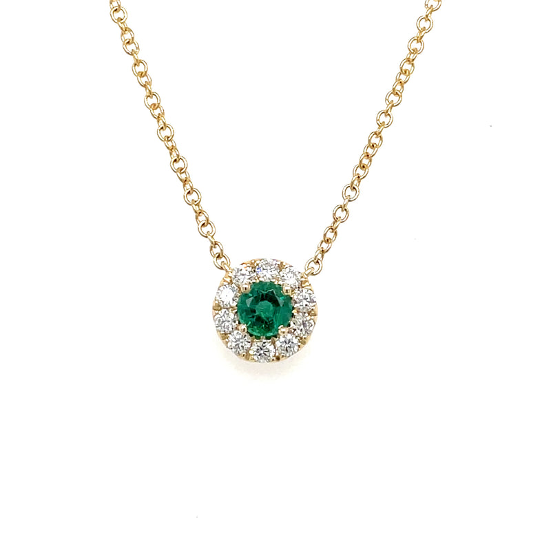 14K Yellow Gold Round Emerald and Diamond Halo Necklace