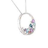 ESTATE 14K WHITE GOLD CIRCLE PENDANT NECKLACE WITH CONFETTI COLORED GEMS