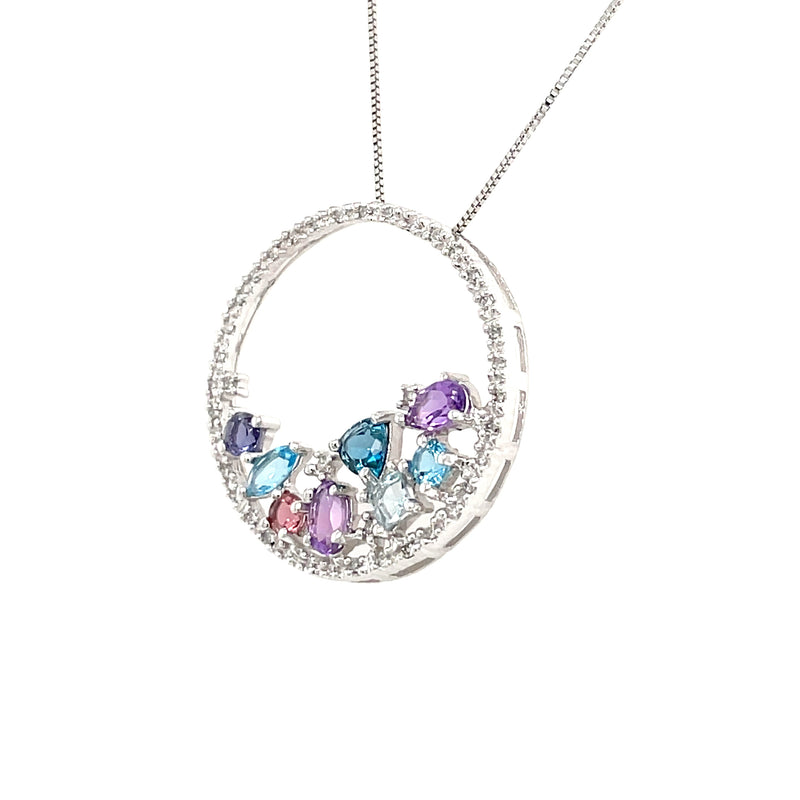 ESTATE 14K WHITE GOLD CIRCLE PENDANT NECKLACE WITH CONFETTI COLORED GEMS