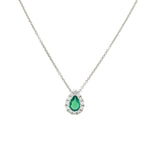 14K White Gold Pear Emerald and Diamond Halo Necklace