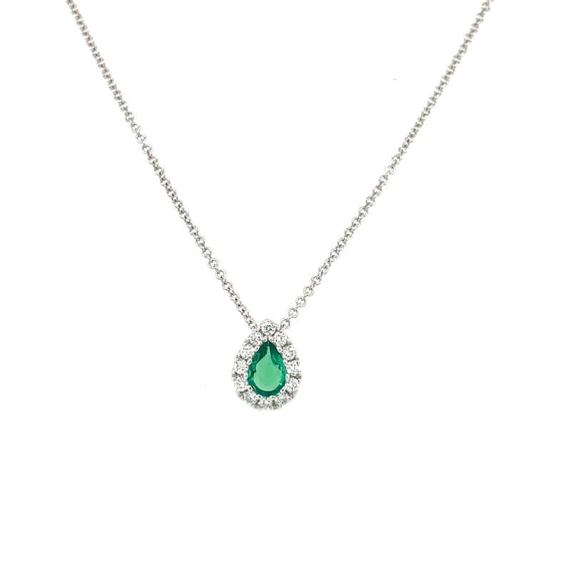 14K White Gold Pear Emerald and Diamond Halo Necklace