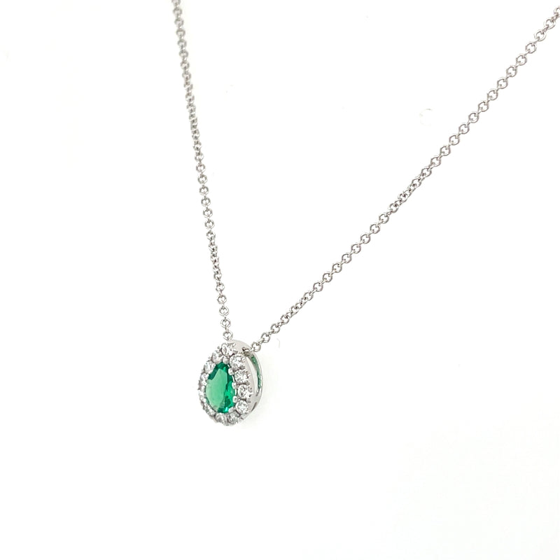 14K White Gold Pear Emerald and Diamond Halo Necklace