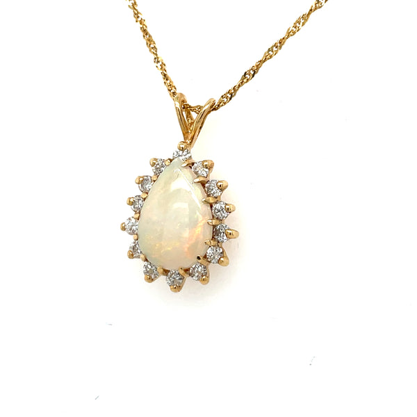 Estate 14K Pear Opal & Diamond Halo Necklace