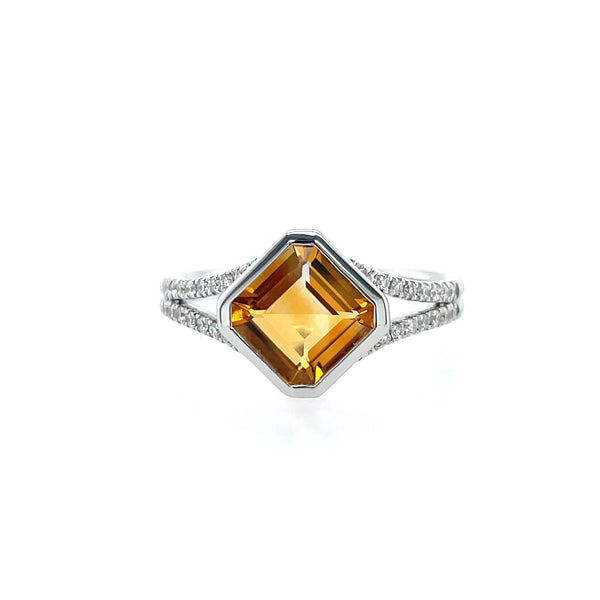 14k White Gold Asscher Cut Citrine Ring with Diamond Accents