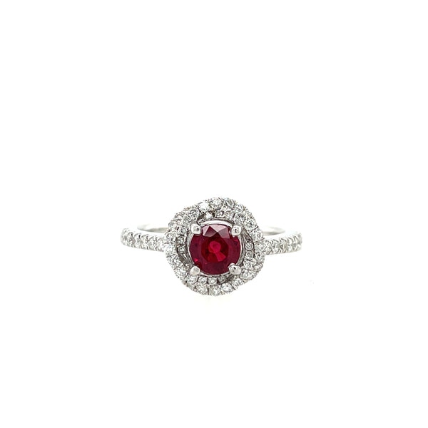 14K White Gold Round Ruby and Diamond Rose-Inspired Halo Ring