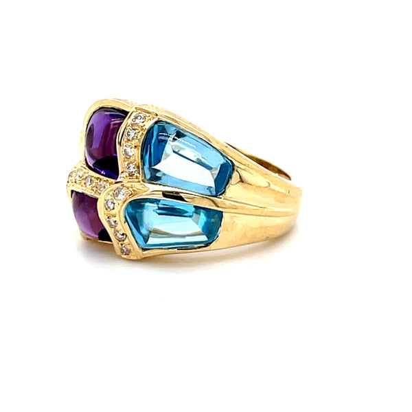 ESTATE 18K YELLOW GOLD BLUE TOPAZ & AMETHYST CABOCHON RING