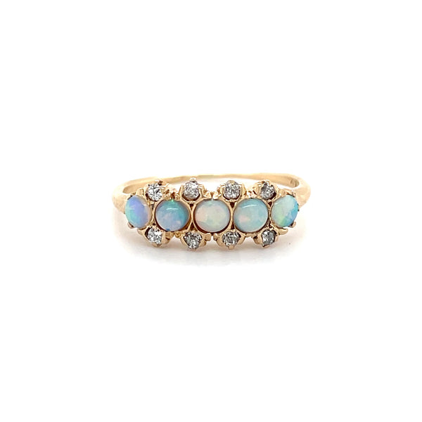 Estate 14K Yellow Gold Round Opal & Mine Cut Diamond Ring