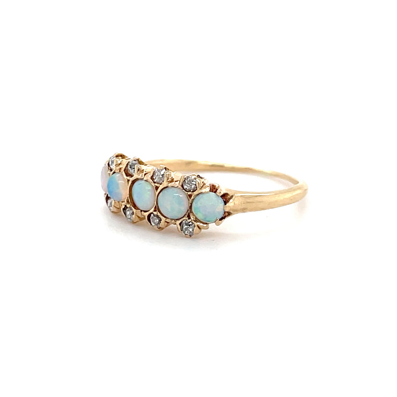 Estate 14K Yellow Gold Round Opal & Mine Cut Diamond Ring