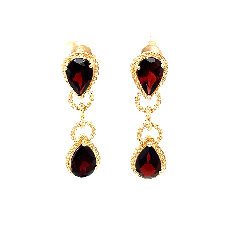 Estate 14K Yellow Gold Garnet Pear Drop Earrings with Rope Twist Detail