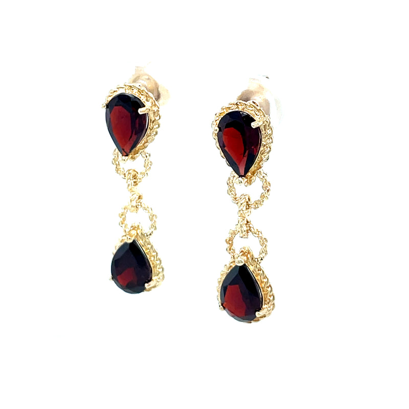 Estate 14K Yellow Gold Garnet Pear Drop Earrings with Rope Twist Detail