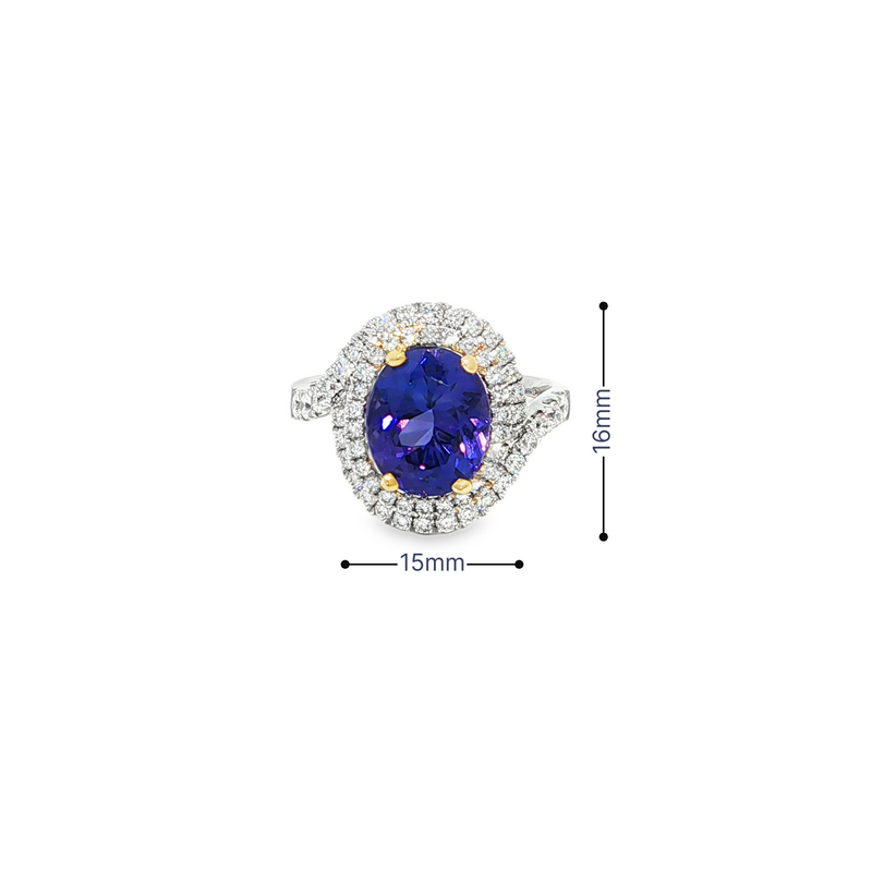 18k White Gold Oval Tanzanite and Diamond Double Halo Ring