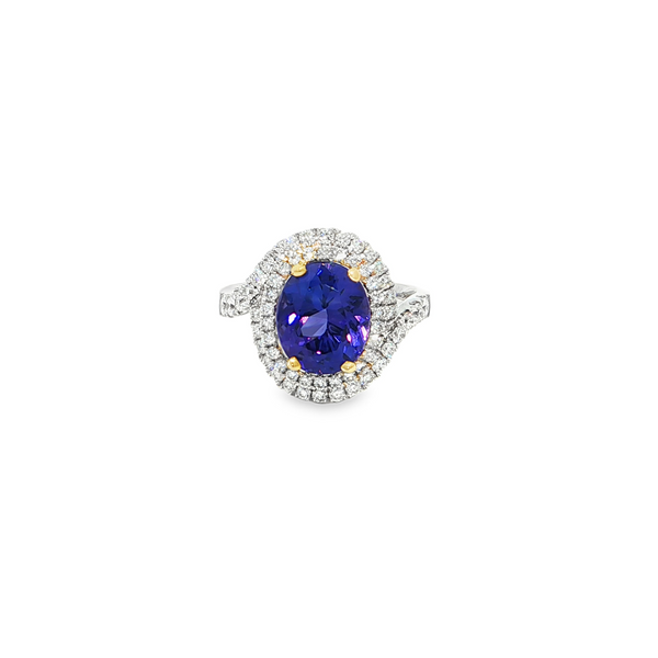 18k White Gold Oval Tanzanite and Diamond Double Halo Ring