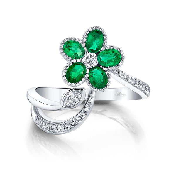 18kw Gold Emerald & Diamond Flower Ring