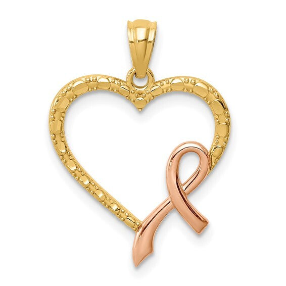 14K Two-tone Gold Heart Breast Cancer Ribbon Pendant