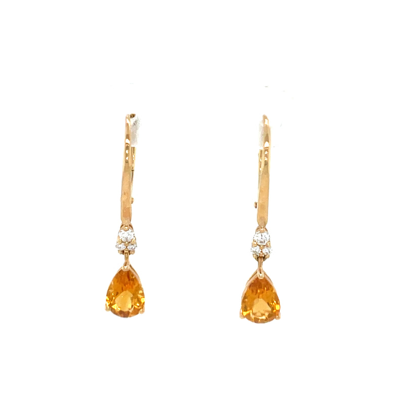 10k Yellow Gold Pear Citrine Leverback Earrings with Diamond Accents